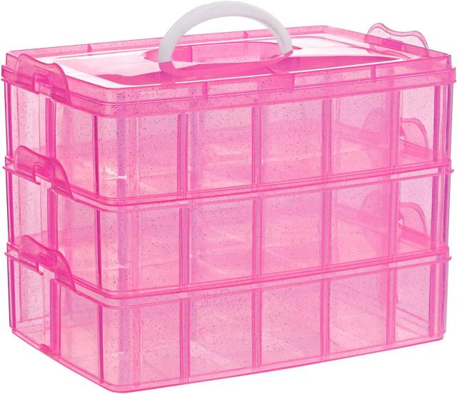 Caixa Organizadora Portátil Rosa de Plástico Empilhável para Materiais de Arte, Contas e Acessórios de Cabelo - Três Camadas