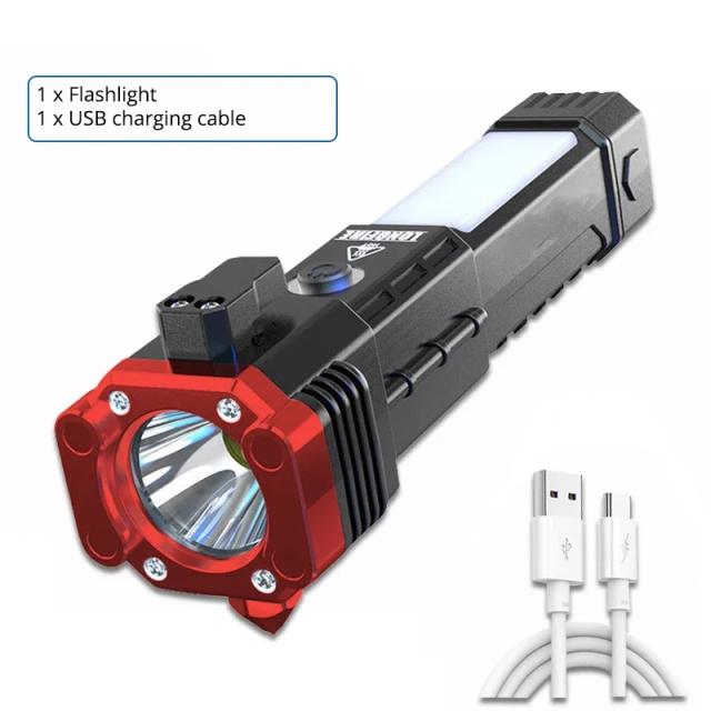 Lanterna LED USB Super Brilhante com Martelo de Segurança e Luz Lateral - Iluminação Portátil para Aventura ao Ar Livre