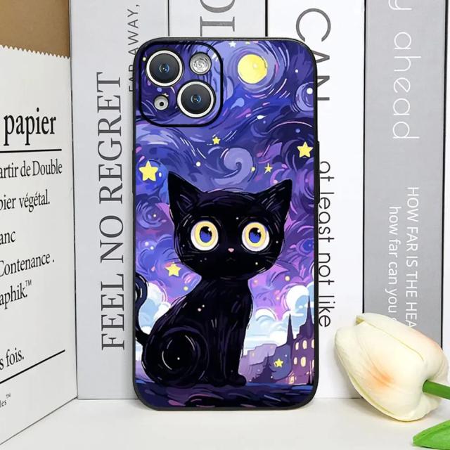 Capa macia para iPhone com ilustração de gato preto sob um céu estrelado - Compatível com modelos 15, 14, 13, 12, 11 Pro Max, Mini, XS, MAX, XR, SE2, 8 e 7 Plus
