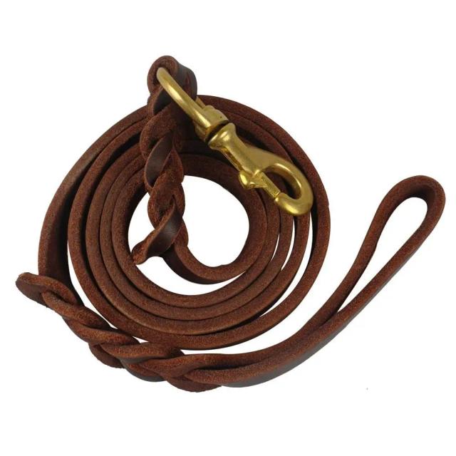 Trela de Couro Trançado com Gancho de Cobre - Durável e Confortável para Cães Médios e Grandes em Tom Marrom