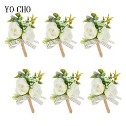6 pçs branco marfim rosa boutonniere para homem noivo e melhor homem boutonnieres com flor artificial para a cerimônia de casamento aniversário - Image 3