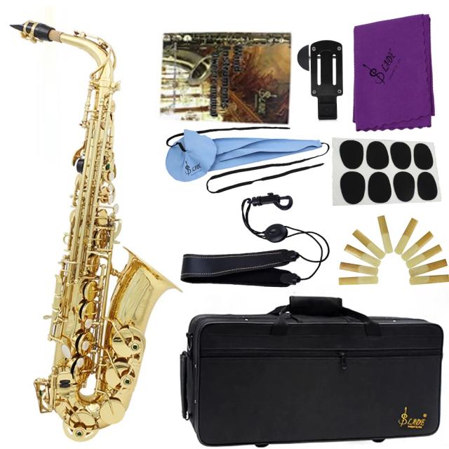 Saxofone de Latão Lacado a Ouro para Profissionais com Acessórios Inclusos e Estojo Elegante