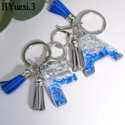 Glitter Resina Inicial Letra Chaveiros, Nome Pingente Em Forma com Chaveiros, Borla para Bolsa, Ornamento Favores Do Partido, Azul e Branco - Image 2