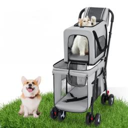 Double Deck Pet Folding Stroller, Ventilação Portáteis Portadores, cão e gato, Pet Products Supplies, Viagem ao ar livre - Image 5