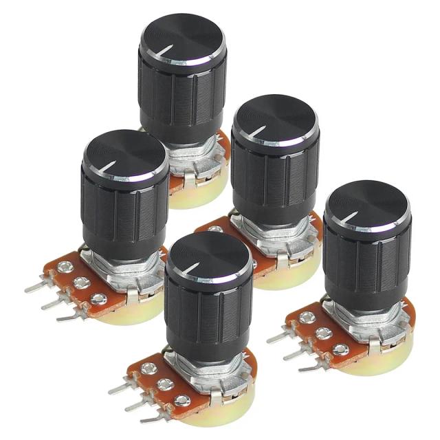 Kit de Potenciômetros Lineares WH148 de 15mm com Tampa em Liga de Alumínio - Variedades de 1k a 1M, 5 Peças com Conexão de 3 Pinos