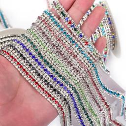 Vidro colorido Strass Cadeia para Decoração de Vestuário, Sliver Claw, Gold Base On Rhinestone, Cadeia Cup, 3 linhas, 1 jarda - Image 3