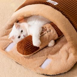Saco de dormir quente removível para animais de estimação, meia cama fechada do gato, almofada do ninho do inverno com descanso, novo - Image 6