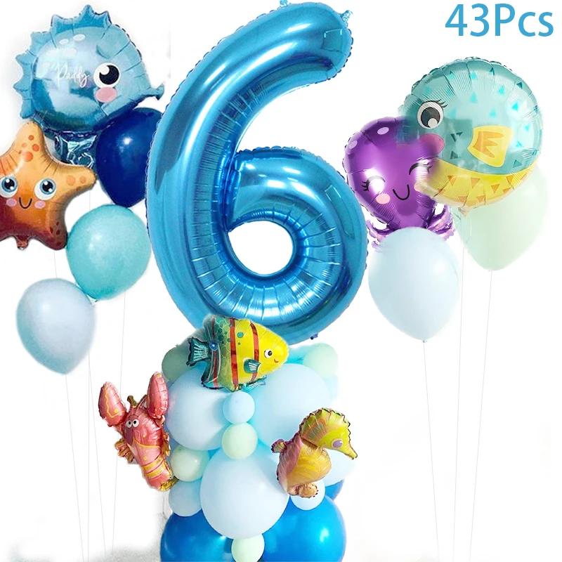 Conjunto de balões no oceano de animais marinhos para menino e menina, decorações de festa de aniversário, 1, 2, 3, 4, 5, 6, 7, 8, 43pcs - Image 1