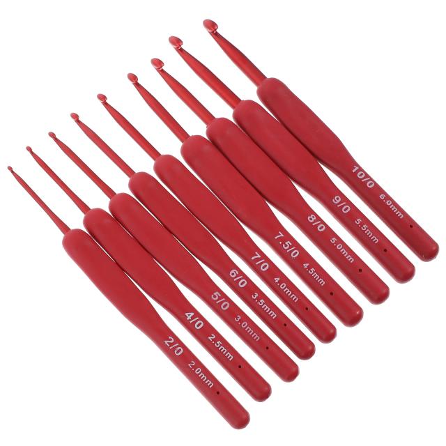 Conjunto de Agulhas de Alumínio e Ganchos de Silicone Vermelho para Crochê - 9 Peças com 14 cm de Comprimento