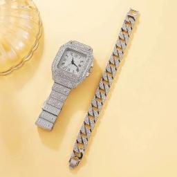 Mulheres Diamond Gold Watch Set, senhoras relógios de pulso, pulseira de strass, marca de luxo, 2pcs - Image 2