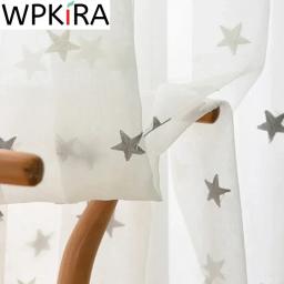 Estrelas bordadas cortina de algodão linho cinza/rosa estrela bordado tule para crianças meninas meninos quarto janela tela pura wp159h - Image 1