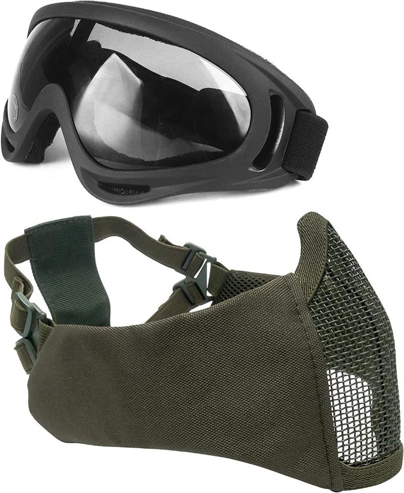 Zlangsports-dobrável meia máscara facial para airsoft e paintball, com óculos de proteção uv, malha metálica, cs militares - Image 1