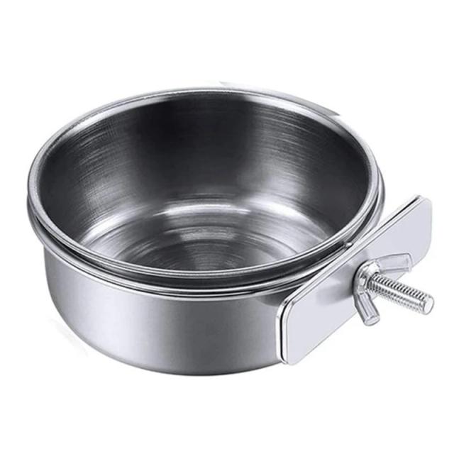 Copo de Alimentação de Aço Inoxidável para Papagaios e Pequenos Animais com Prato Removível e Suporte para Gaiola