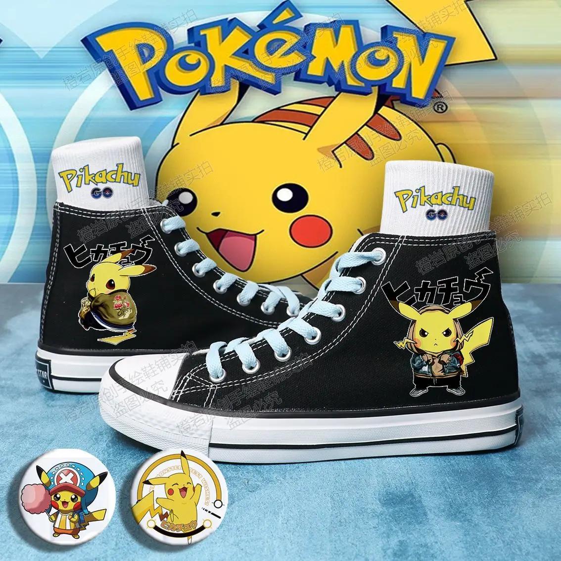 Sapatos de lona anime Pokémon Pikachu para meninos e meninas, sapatos baixos impressos pintados à mão, respirável de cano alto, presente de estudante, novo, verão - Image 1