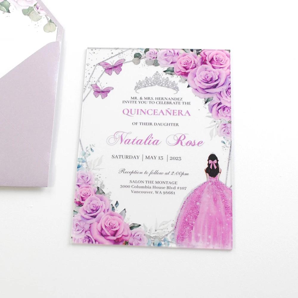 Acrílico personalizado claro convidar cartões, personalizado Quinceanera festa estética cartões de convite de aniversário, doce 15, 10pcs - Image 1