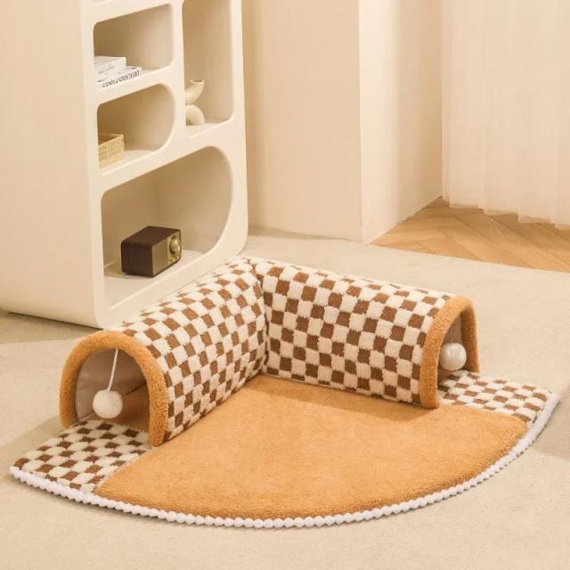 Tapete de túnel para gatos indoor com cama, bola suspensa removível e lavável, design Peek-A-Boo 2 em 1