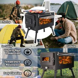 Fogão a Lenha Portátil para Acampamento ao Ar Livre, Queimador de Lenha em Aço Inoxidável Dobrável, Aquecedor de Tenda com Janela de Fogo para Pátio - Image 3