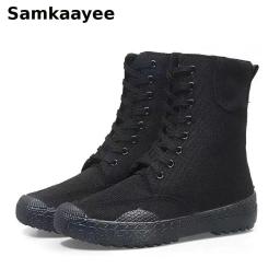 36-46 botas masculinas primavera outono botas de lona masculinas sapatos de renda botas de cano alto cor sólida zapatos tornozelo calçados de motocicleta y3 - Image 1