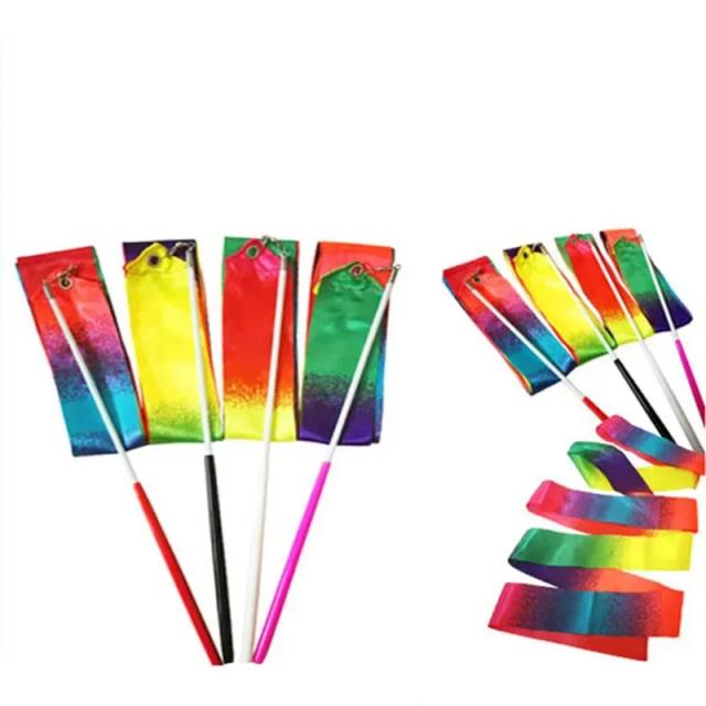 Fita de Ginástica Gradiente Colorida para Crianças - Seda para Dança, Treinamento e Brincadeiras, 2m de Comprimento com Vara de 29cm