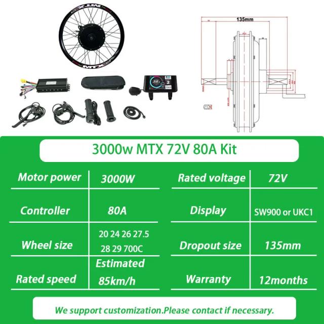 Kit de Conversão Bicicleta Elétrica 72v 3000w Sem Escova Cubo Traseiro 100-105 km/h 20-29 Polegadas