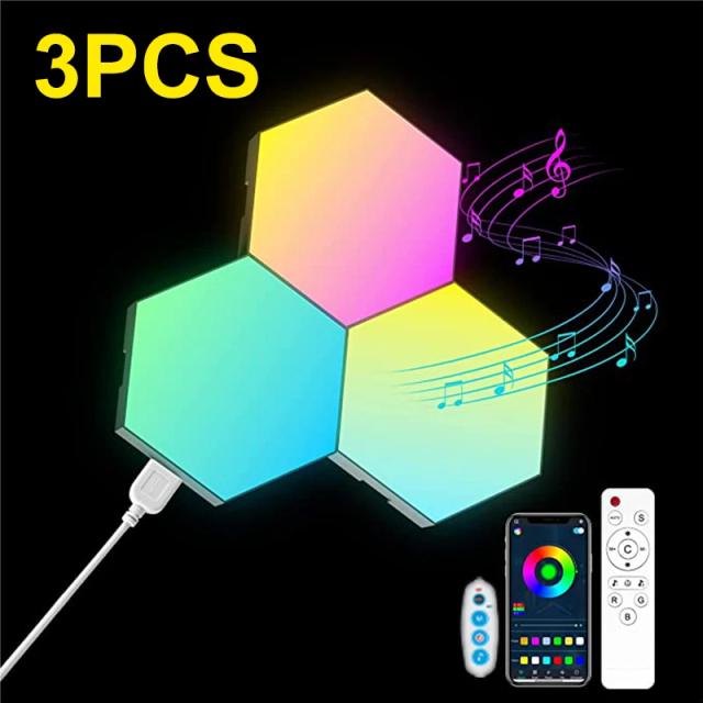 Luz de Parede Hexagonal RGB Bluetooth com Controle Remoto e Aplicativo para Quarto e Jogos de Computador