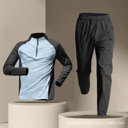 Camiseta esportiva masculina de atletismo, roupas de ginástica para corrida, roupas de treinamento com meia zip, calça de manga comprida de secagem rápida - Image 3