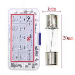 50 pces 5x20mm lentos sopro tubo de vidro fusível sortidas caixa kits t1a 2a 3a 3.15a 4a 5a 6.3a 8a 10a 15a - Image 1