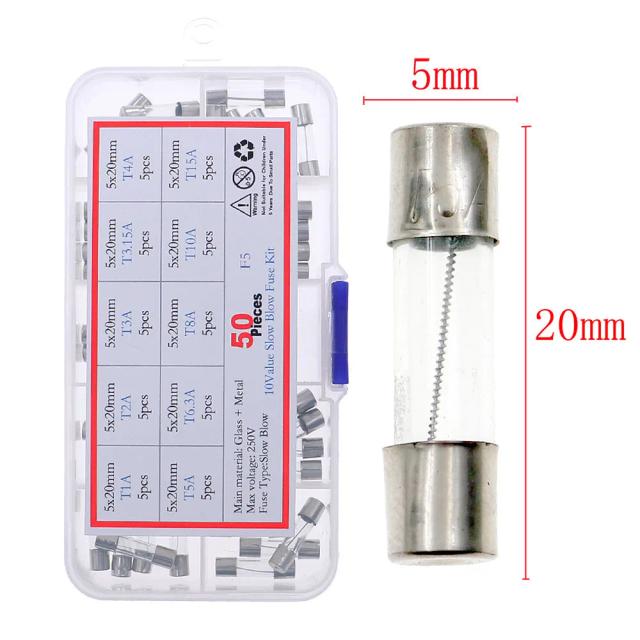 Kit de 50 Fusíveis de Vidro Lentos 5x20mm - Diversas Correntes (T1A a 15A) em Caixa Sortida