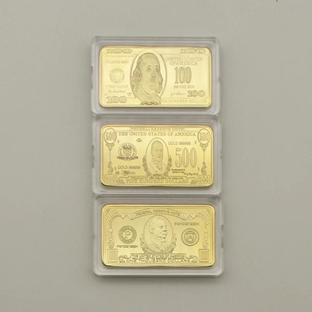 Conjunto de 3 Moedas Comemorativas Quadradas Douradas - 100/500/1000 Dólares em Ouro Banhado para Coleção e Presentes