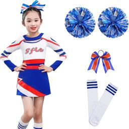 Fato de torcida azul manga comprida feminino, roupa de dança cheerleader, estilo retalhamento decote redondo, uniforme pompons para crianças, menina - Image 1