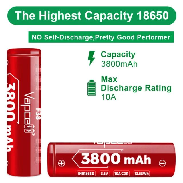 Vapcell original f38 18650 3800mah 10a bateria inr18650 3.6v baterias recarregáveis de íon-lítio parte superior plana para célula de bateria