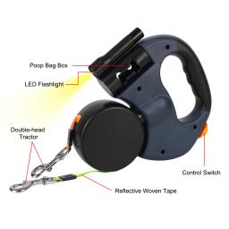 Auto Retrátil Dual Dog Leash, Pet fornecimentos, Double-Ended corda de tração, lanterna, saco de resíduos, Box Roulette, 3m - Image 3