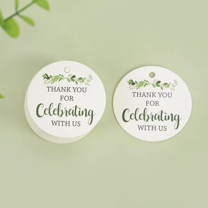 Etiquetas de papel com folha verde para embalagem de presente, Cartão de etiqueta, obrigado por comemorar conosco, Artesanato DIY, Casamento e festa de aniversário, 30 PCs, 50PCs - Image 1