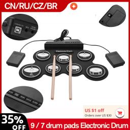Conjunto de Bateria Eletrônica Digital, Tamanho Compacto USB, Bateria de Silicone Dobrável 9, 7 Almofadas de Bateria, Kits de Bateria Digital, Baquetas, Pedais - Image 1