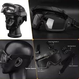 Conjunto de capacete tático com óculos de airsoft, fone de ouvido de tiro, montagem LG24, luz de identificação, bolsa de bateria, modelo de câmera, máscara balaclava - Image 5