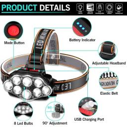 8led poderosa lanterna de cabeça recarregável para pesca led farol acampamento caça tocha caminhadas lanternas dianteiras - Image 5