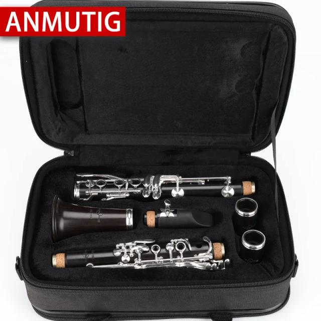 Clarinete de Madeira Ebony ANMUTIG Prateado com 17 Teclas BB - Modelo Especial 802