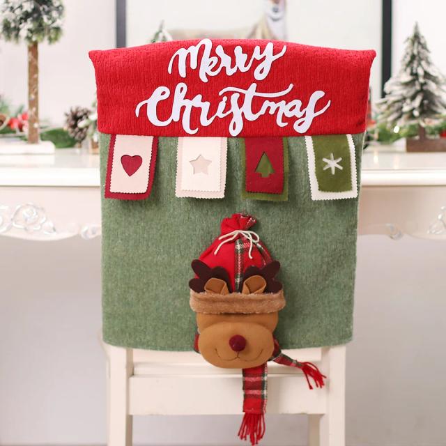 Capa de Cadeira Natalina 3D com Papai Noel, Boneco de Neve e Veados para Decoração Festiva