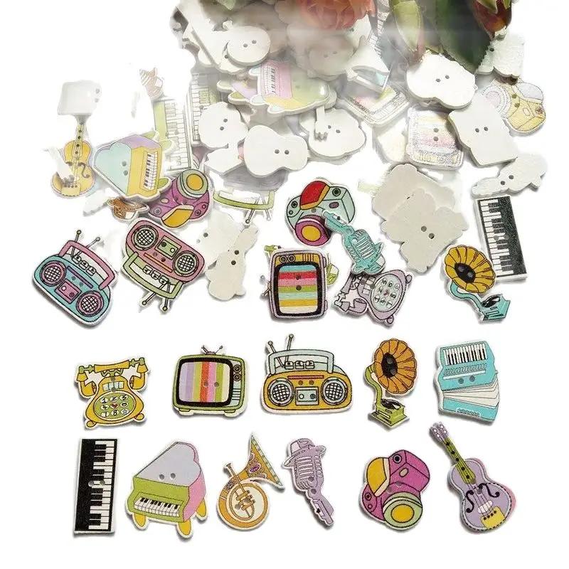 50 peças misturadas instrumentos musicais 2 furos botões de madeira natural decorativo scrapbooking acessórios de costura para artesanato - Image 1