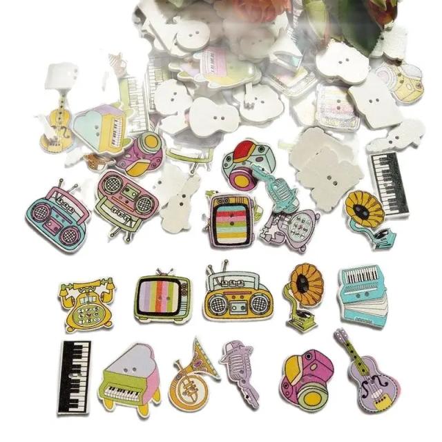 Conjunto de 50 Botões de Madeira Natural em Forma de Instrumentos Musicais para Scrapbooking e Artesanato