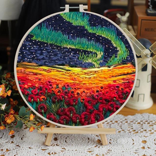 Kit Iniciante de Bordado em Flor com Padrão de Paisagem, Pano Colorido, Ferramentas sem Aro e Artesanato para Decoração de Casa