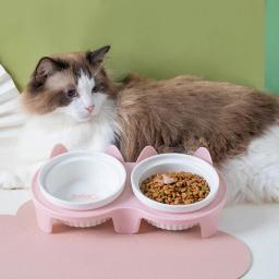 Gato tigela cerâmica com suporte alimentador de água para animais estimação elevado à prova derramamento mesa jantar gatinho filhote de cachorro comida prato alimentação esteira suprimentos para cães - Image 2