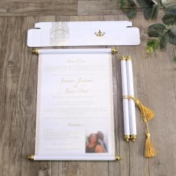 Scroll personalizado cartão do convite, papel branco cartões com caixa de presente, borla, casamento, festa de aniversário, personalizado, 100pcs - Image 1