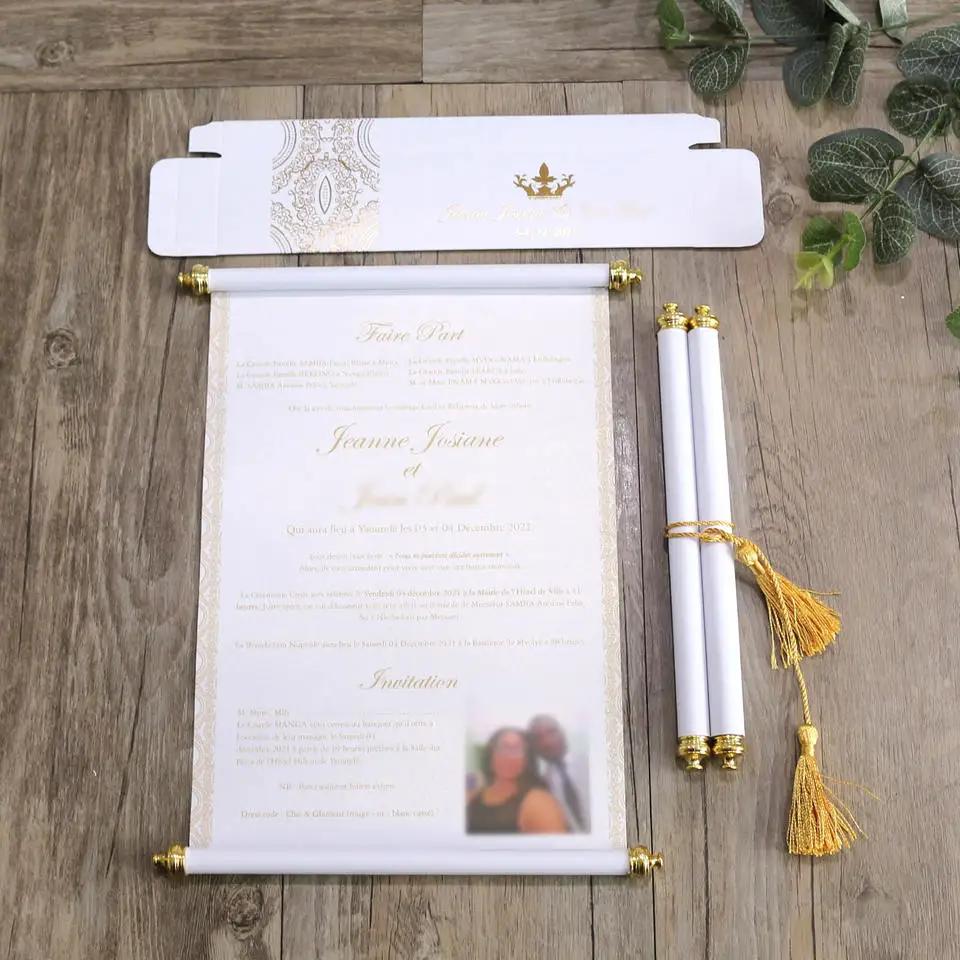 Scroll personalizado cartão do convite, papel branco cartões com caixa de presente, borla, casamento, festa de aniversário, personalizado, 100pcs - Image 1
