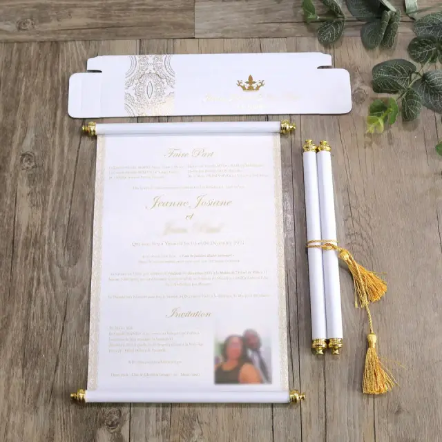 Convite personalizado em forma de scroll com borla - 100 cartões brancos e caixa de presente para casamentos e festas de aniversário