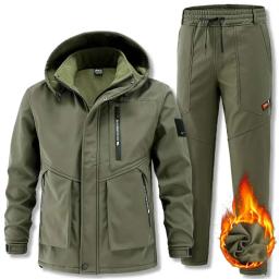 2 pçs ternos táticos de inverno engrossar homens velo camo terno conjuntos de treinamento de acampamento multi-bolso jaqueta com capuz roupas de caça - Image 1