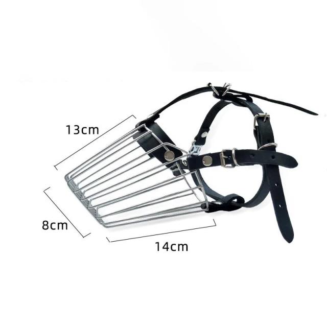 Máscara de cão em aço inoxidável com focinho de couro preto, resistência a mordidas e proteção contra pulgas para cães médios e grandes