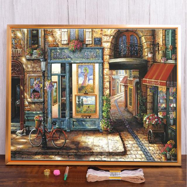 Kit Completo para Bordado em Ponto Cruz: Paisagem de Cidade Europeia em Lona para Artesanato e Tricô
