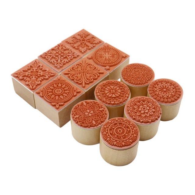 Carimbos de Madeira Floral e Geométricos: Conjunto com 12 Peças para DIY em Cartões e Scrapbooking