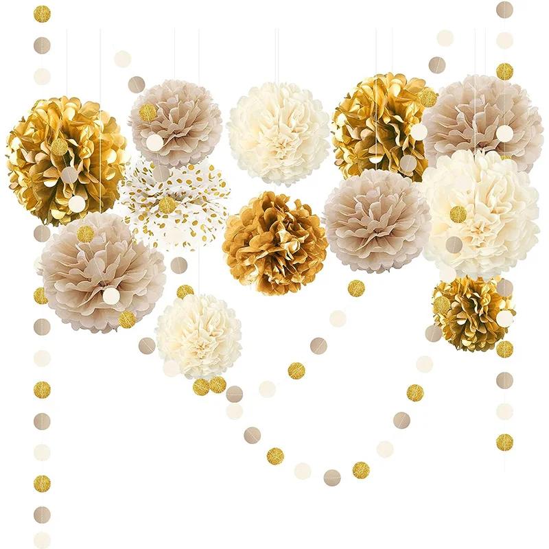 Pompons de papel para decorações de aniversário, guirlandas ponto, pano de fundo pendurado para o ano novo, decoração de natal, ouro champanhe bege, 15PCs - Image 1